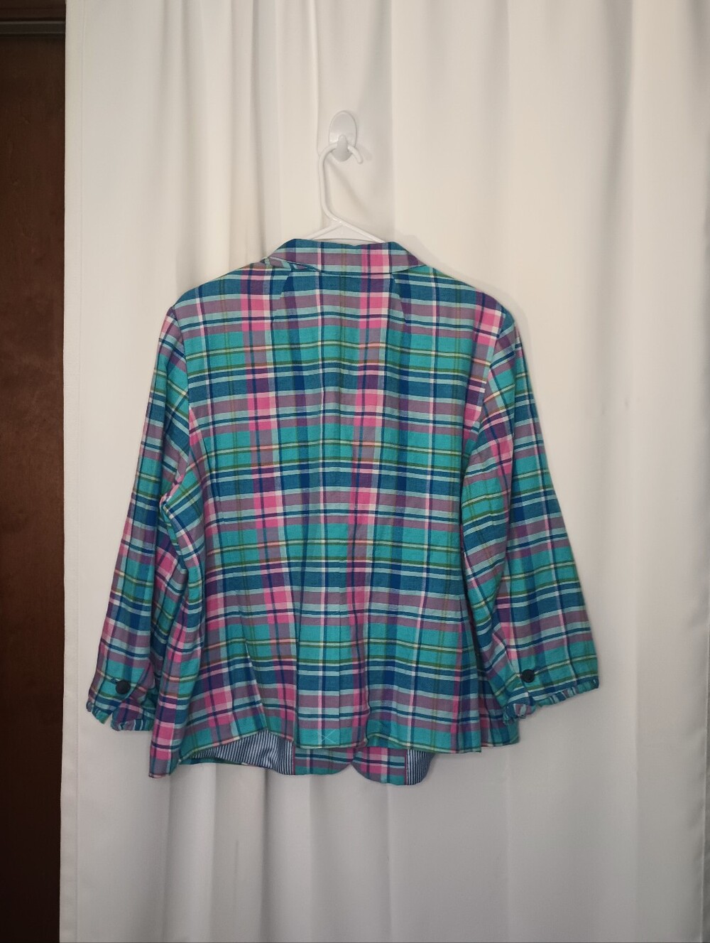 Talbots Womens Madras Plaid Linen Blazer 16W 3/4 Sleeve Preppy Colorful Summer - Picture 5 of 9